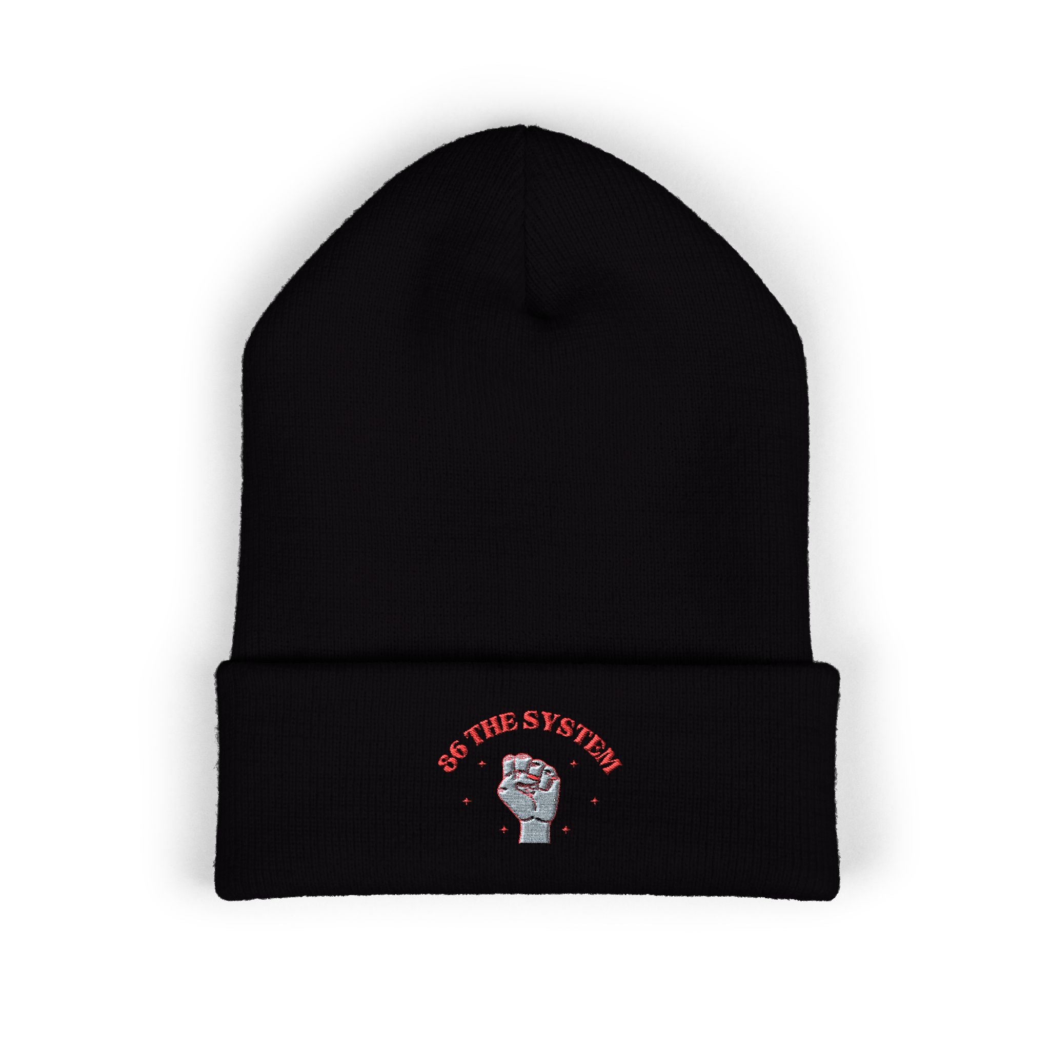86 the system- embroidered skull cuffed beanie