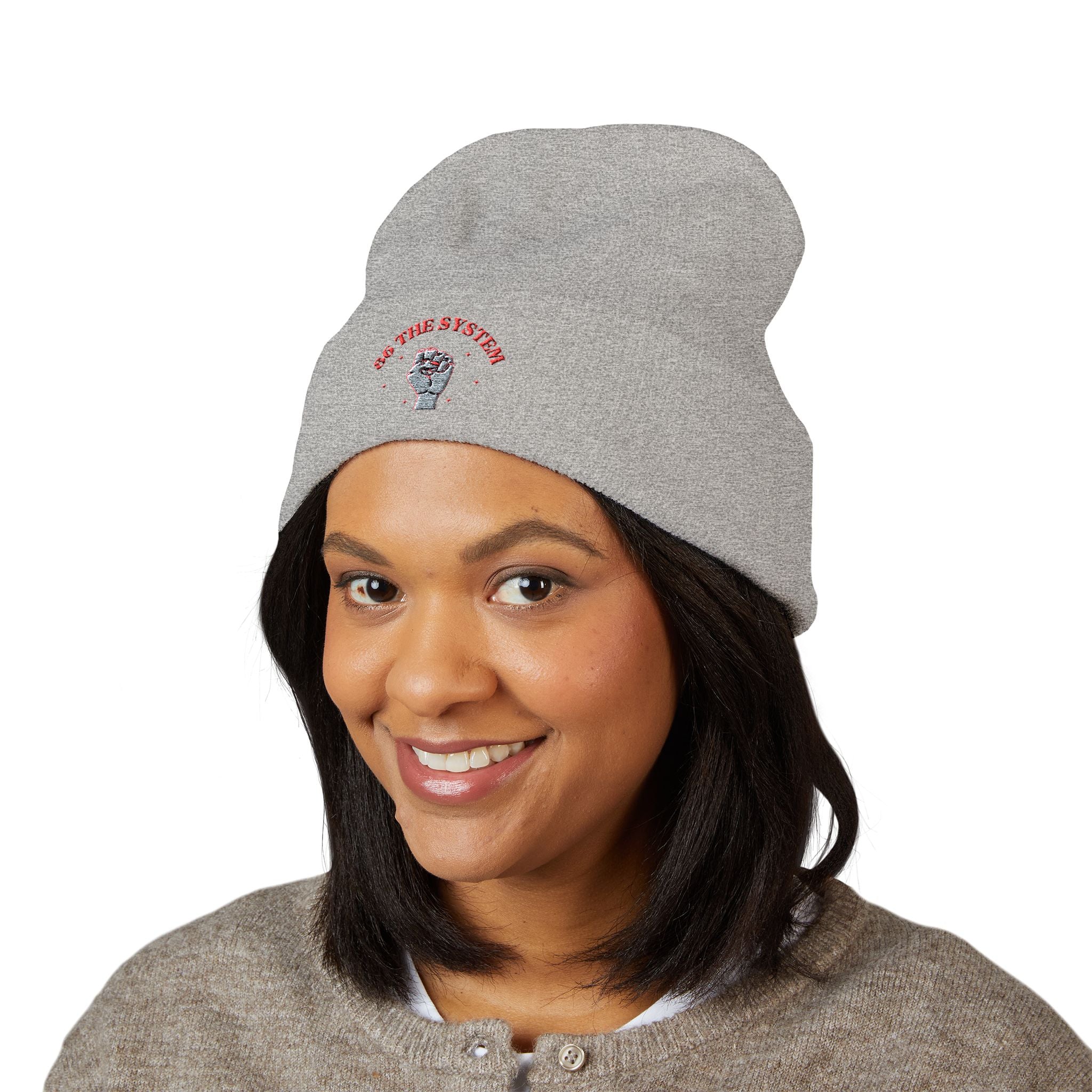 86 the system- embroidered skull cuffed beanie
