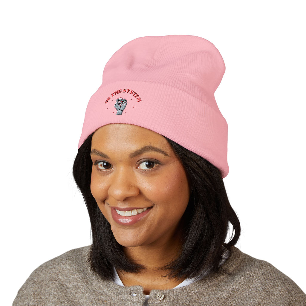 86 the system- embroidered skull cuffed beanie